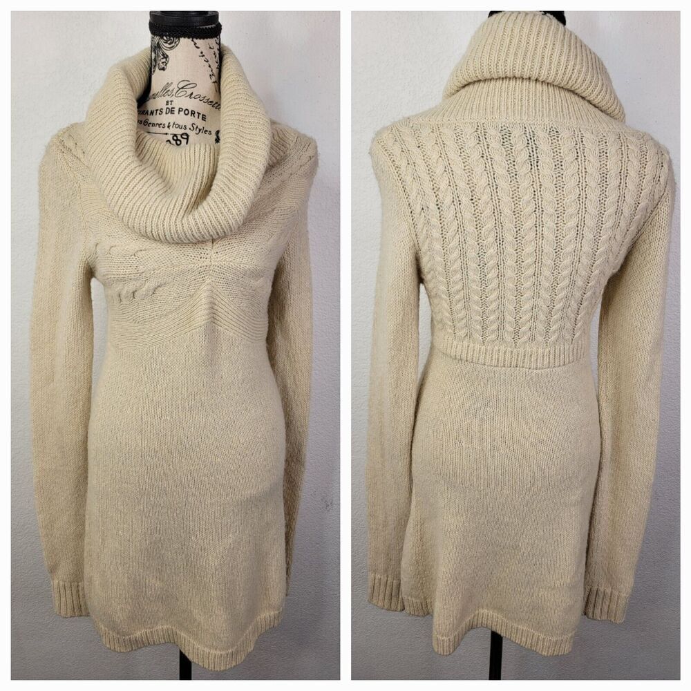 BCBG Max Azria Mini Sweater Dress Small Babydoll Cowl Neck Wool Cable Knit Beige